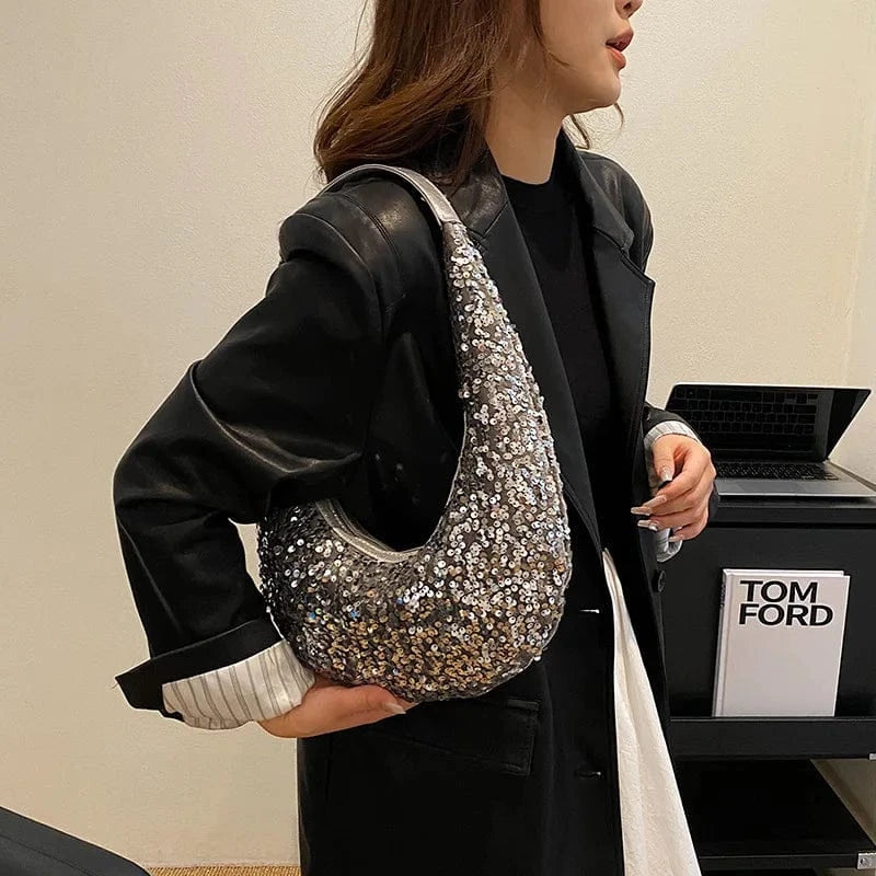 Fashion Shiny Silver Sequins Evening Clutch Bag Luxury Designer Women's Shoulder Hobo Bag Wedding Dance Dinner Banquet Bag 2024