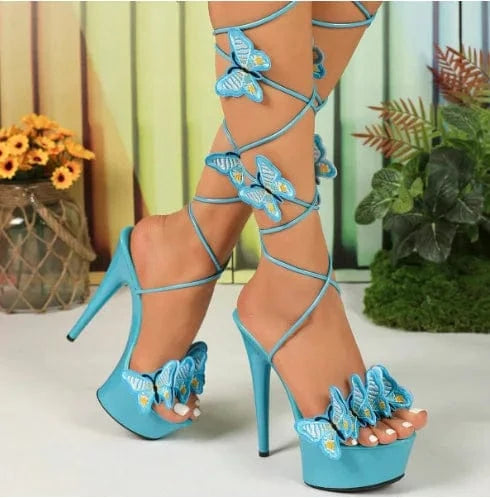 Fashion Shoes Embroidered Butterfly Cross Strap 15CM Platform Sandals Women Sexy Elegant Ladies Wedding Prom High Heels