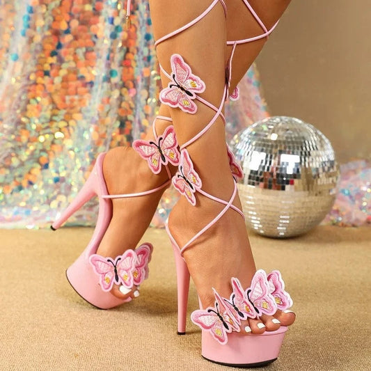 Fashion Shoes Embroidered Butterfly Cross Strap 15CM Platform Sandals Women Sexy Elegant Ladies Wedding Prom High Heels
