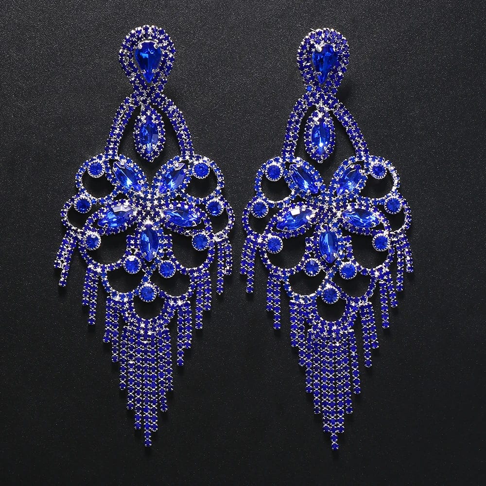 Fashion / show as picture / Blue New Fashion Colorful Crystal Tassel Rhinestone Earrings for Women Big Flower Drop Stud Earrings Anniversary Jewelry