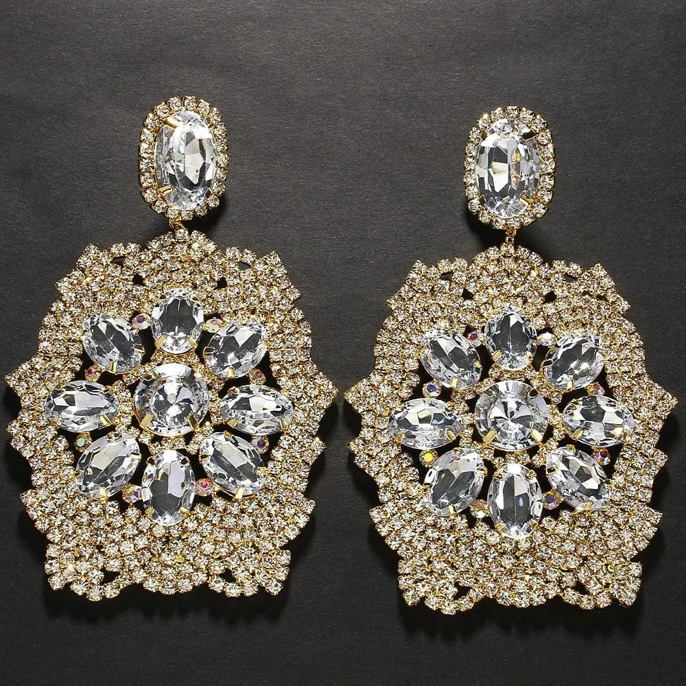 Fashion / show as picture / Gold Fashion Exaggerated Rhinestone Drop Dangle Earrings Jewelry For Women New Design Large Statement Earrings Wholesale
