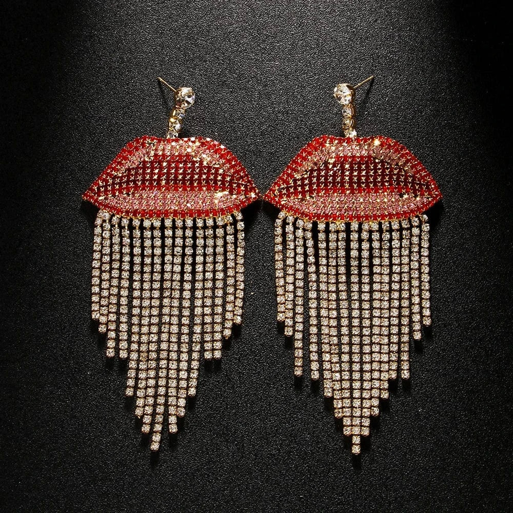 Fashion / show as picture / Gold Sexy Full Rhinestone Piercing Tassel Red Lip Earrings Jewelry For Women Exaggerated Party Gift Crystal Earrings Wholesale