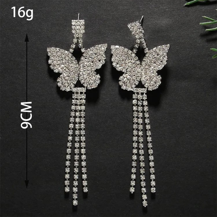 Fashion / show as picture / silver Fashion Butterfly Tassel Stud Rhinestone Earrings Earrings Jewelry For Women Wedding Bridal Bling Crystal Earrings Wholesale