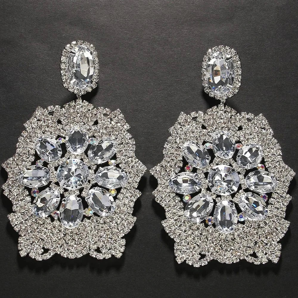 Fashion / show as picture / silver Fashion Exaggerated Rhinestone Drop Dangle Earrings Jewelry For Women New Design Large Statement Earrings Wholesale