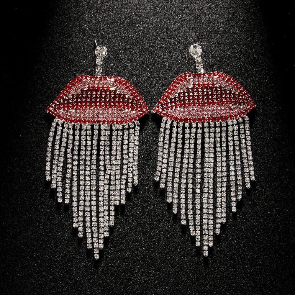 Fashion / show as picture / silver Sexy Full Rhinestone Piercing Tassel Red Lip Earrings Jewelry For Women Exaggerated Party Gift Crystal Earrings Wholesale