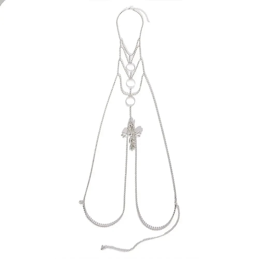 fashion / silver Cross Pendant Rhinestone Chest Chain Harness Sexy Crystal Body Chain Jewelry for Women Bikini Body Accessories