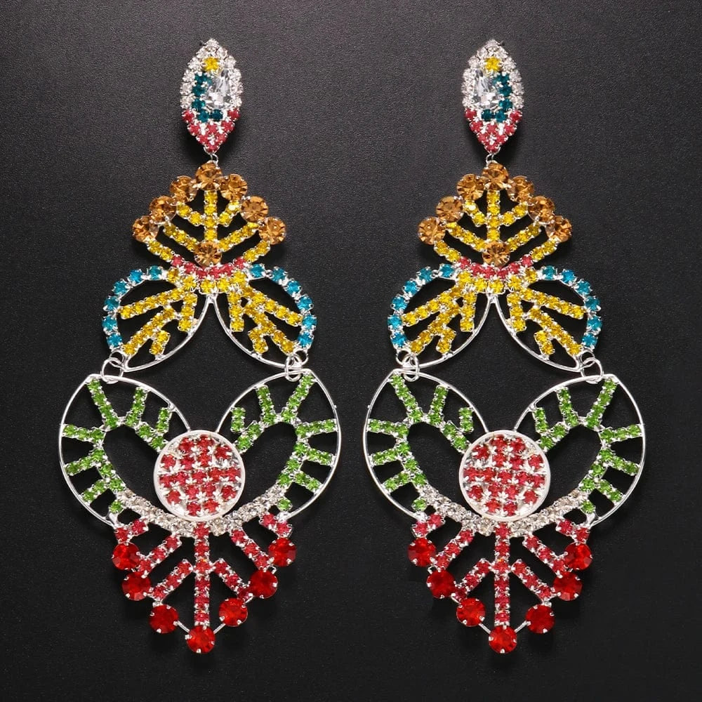fashion / silver Exaggerated Colorful Hollow Rhinestone Statement Earring Fashion Long Dangle Drop Earrings Drag Queen Jewelry Accessories