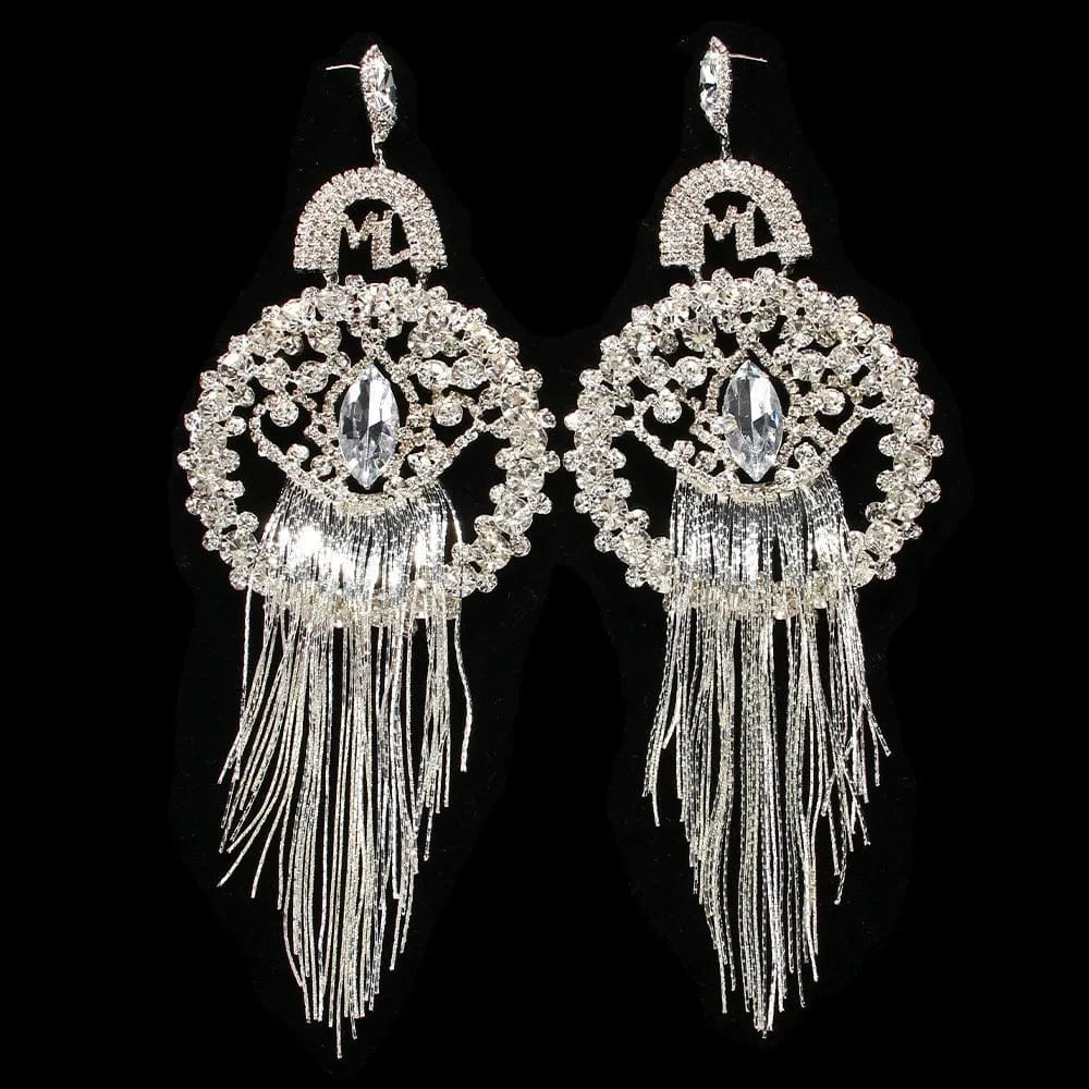 fashion / silver Exaggerated Large Round Earrings Jewelry Personality Rhinestone Long Tassel Earrings for Women