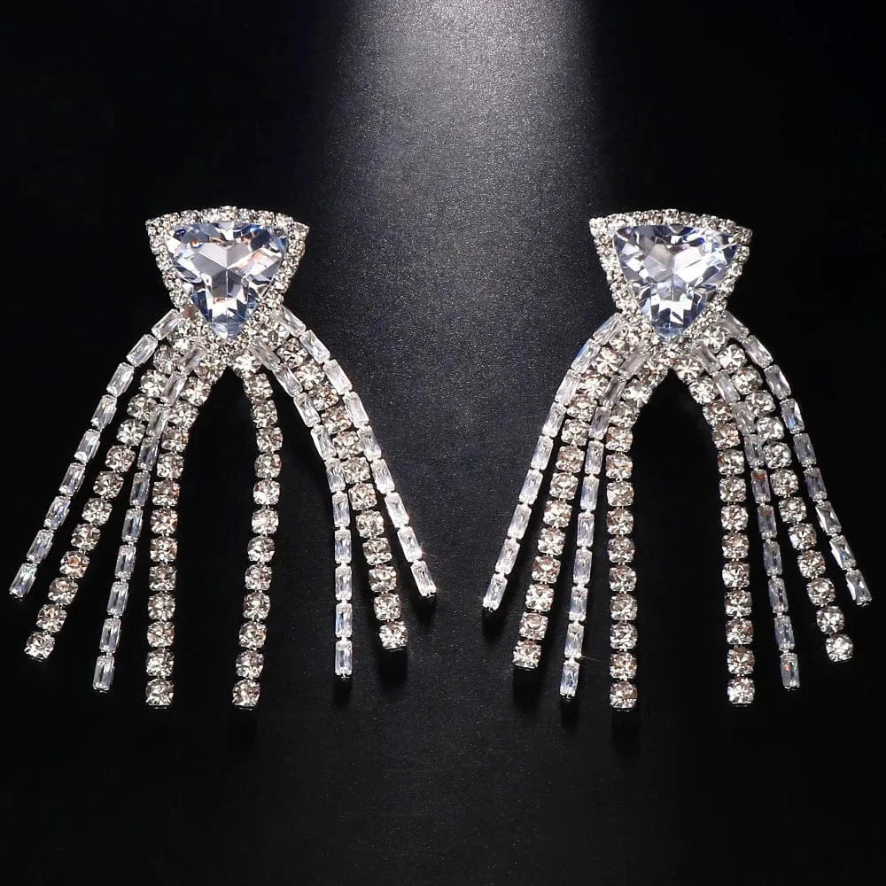 fashion / silver Exaggerated Triangle Tassel Rhinestone Crystal Earrings Geometric Drop Earrings Women Luxury Accessories Jewelry