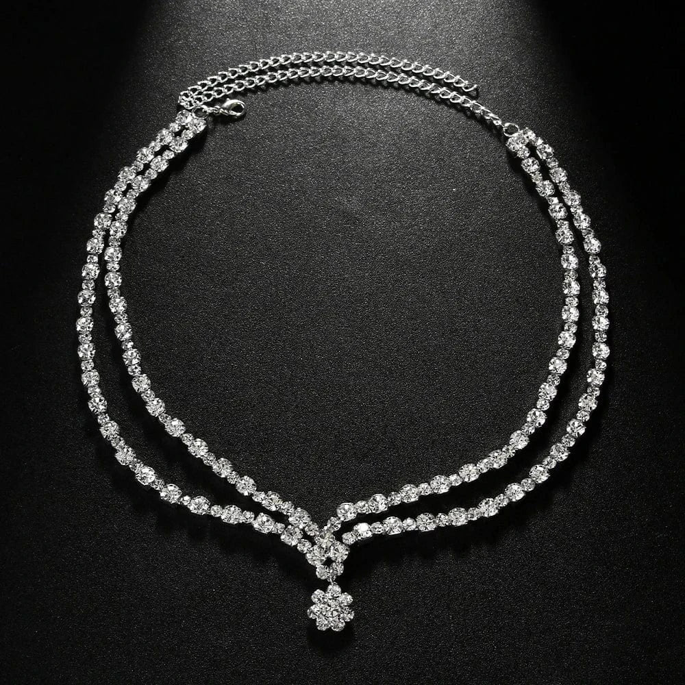 Fashion / silver Fashion Double Layer Flower Rhinestone Necklace Jewelry For Women Girls Bridal Wedding Drop Necklace Accessories Wholesale