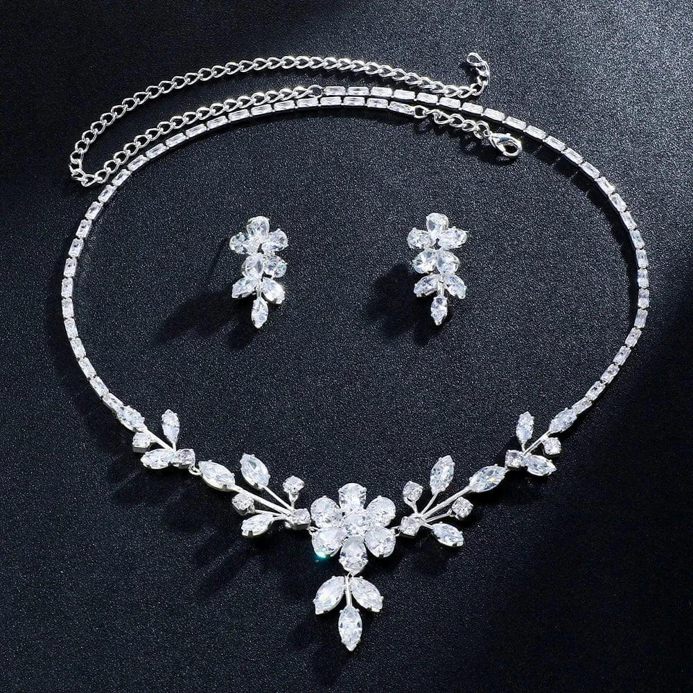 Fashion / silver Fashion Floral Rhinestone Luxury Jewelry Sets For Women Bridal Wedding Necklace and Earrings Set Silver Accessories Wholesale