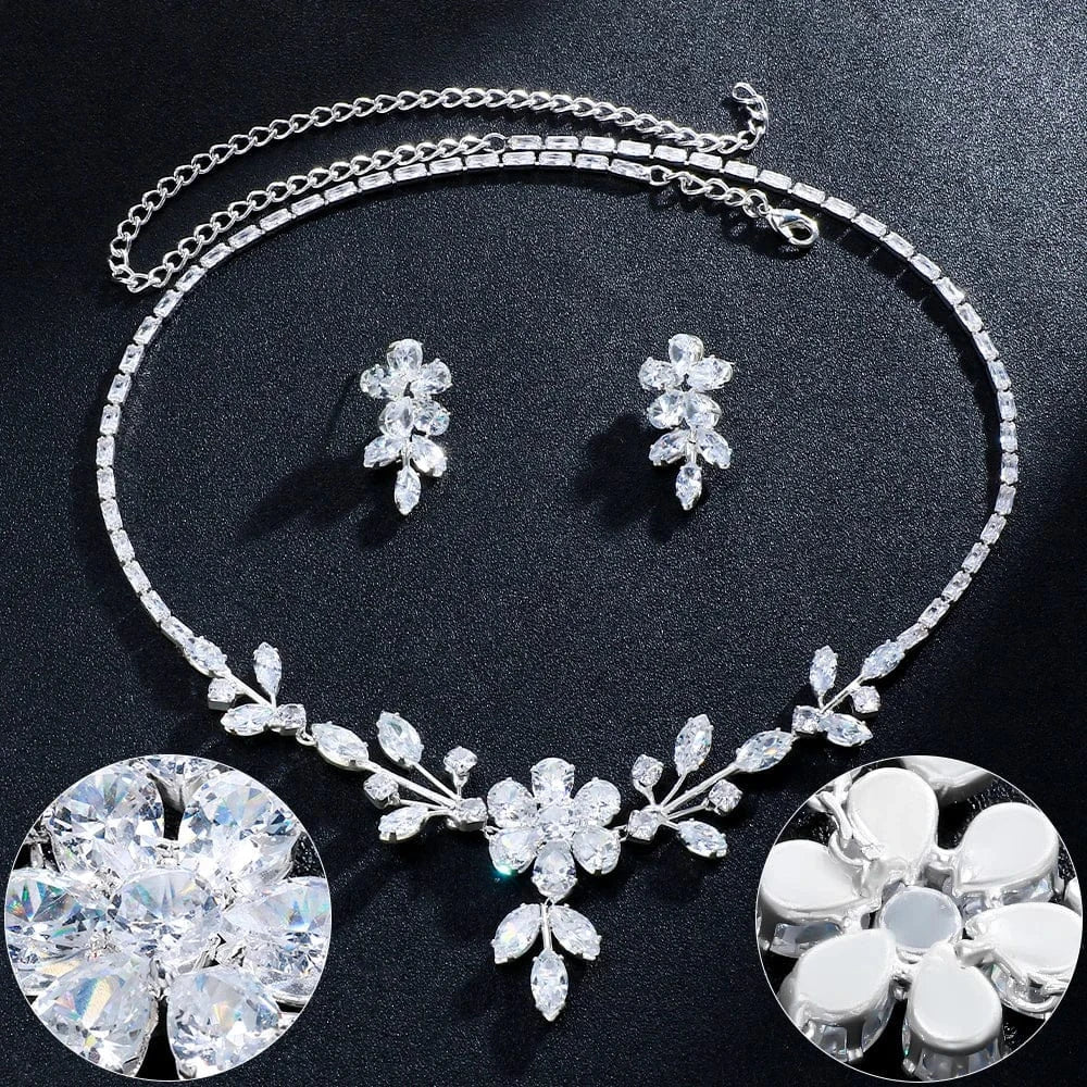 Fashion / silver Fashion Floral Rhinestone Luxury Jewelry Sets For Women Bridal Wedding Necklace and Earrings Set Silver Accessories Wholesale