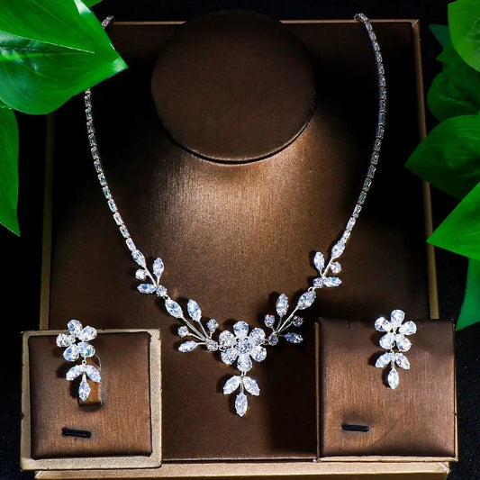 Fashion / silver Fashion Floral Rhinestone Luxury Jewelry Sets For Women Bridal Wedding Necklace and Earrings Set Silver Accessories Wholesale
