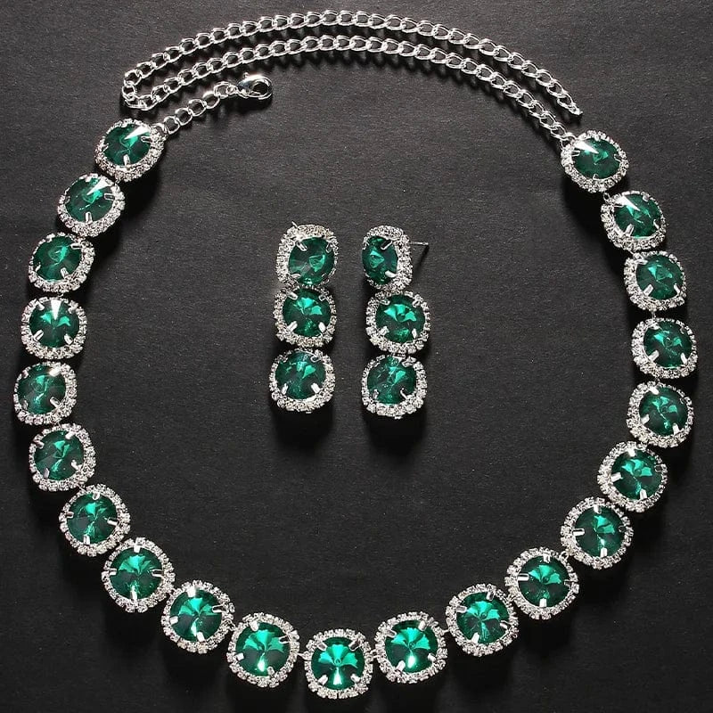 fashion / silver Fashion Green Rhinestone Bride Jewelry Set Wedding Accessories Luxury Green Crystal Necklace Earring Set Wholesale