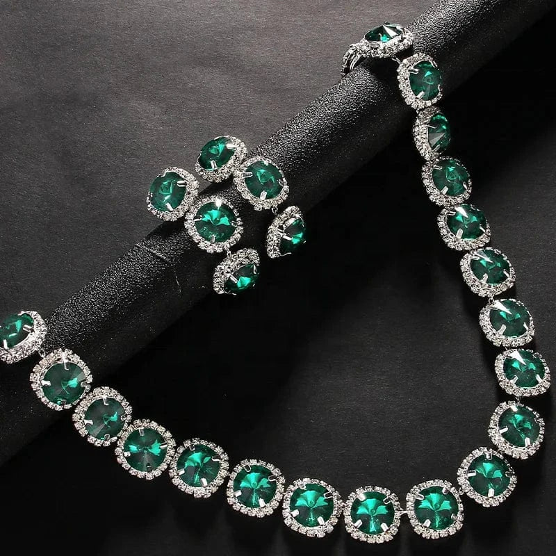 fashion / silver Fashion Green Rhinestone Bride Jewelry Set Wedding Accessories Luxury Green Crystal Necklace Earring Set Wholesale
