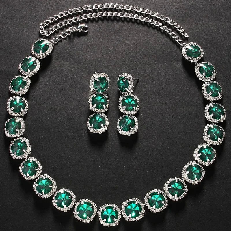 fashion / silver Fashion Green Rhinestone Bride Jewelry Set Wedding Accessories Luxury Green Crystal Necklace Earring Set Wholesale