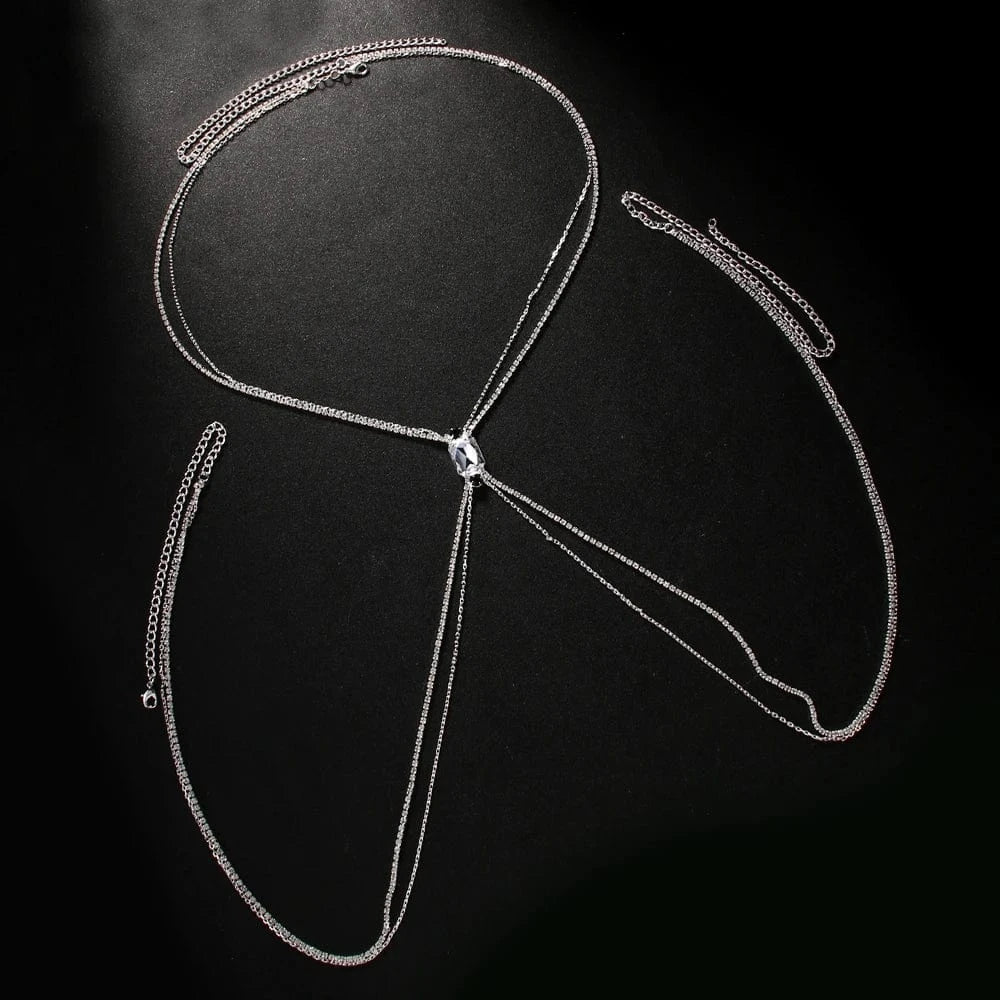 Fashion / silver Fashion Jewelry Body Chain Simple Square Rhinestone Bra Chain For Women Sexy Beach Belly Double Link Chain Ornament