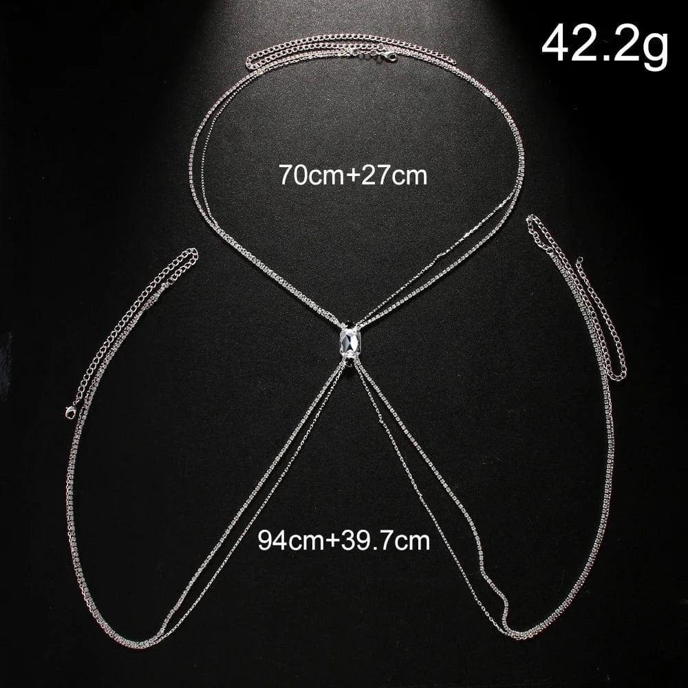 Fashion / silver Fashion Jewelry Body Chain Simple Square Rhinestone Bra Chain For Women Sexy Beach Belly Double Link Chain Ornament