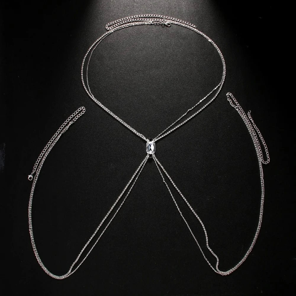 Fashion / silver Fashion Jewelry Body Chain Simple Square Rhinestone Bra Chain For Women Sexy Beach Belly Double Link Chain Ornament