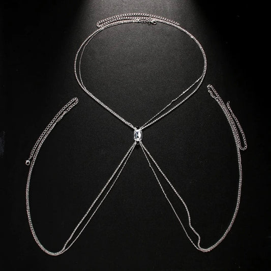 Fashion / silver Fashion Jewelry Body Chain Simple Square Rhinestone Bra Chain For Women Sexy Beach Belly Double Link Chain Ornament