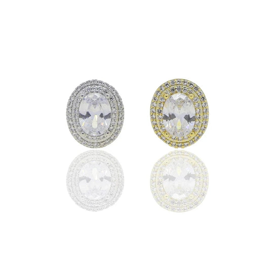 Fashion Silver Gold Plated Iced Out Big Oval Egg Shaped Stud Earring Full Mini Bling CZ Paved Around Two Laps Women Jewelry