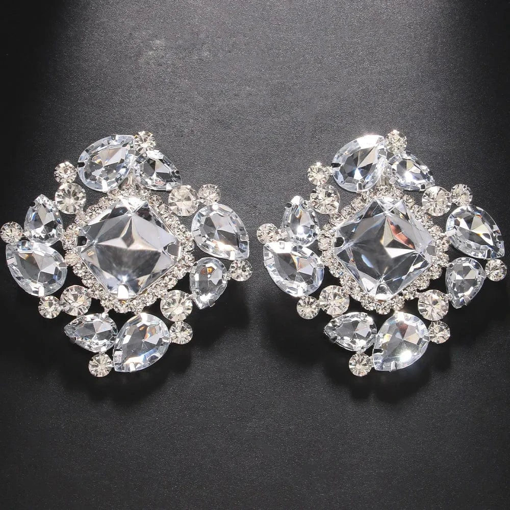 fashion / silver Square Crystal Ear Clips Earrings Statement Exaggerated Rhinestone Earrings Clip No Pierced Jewelry