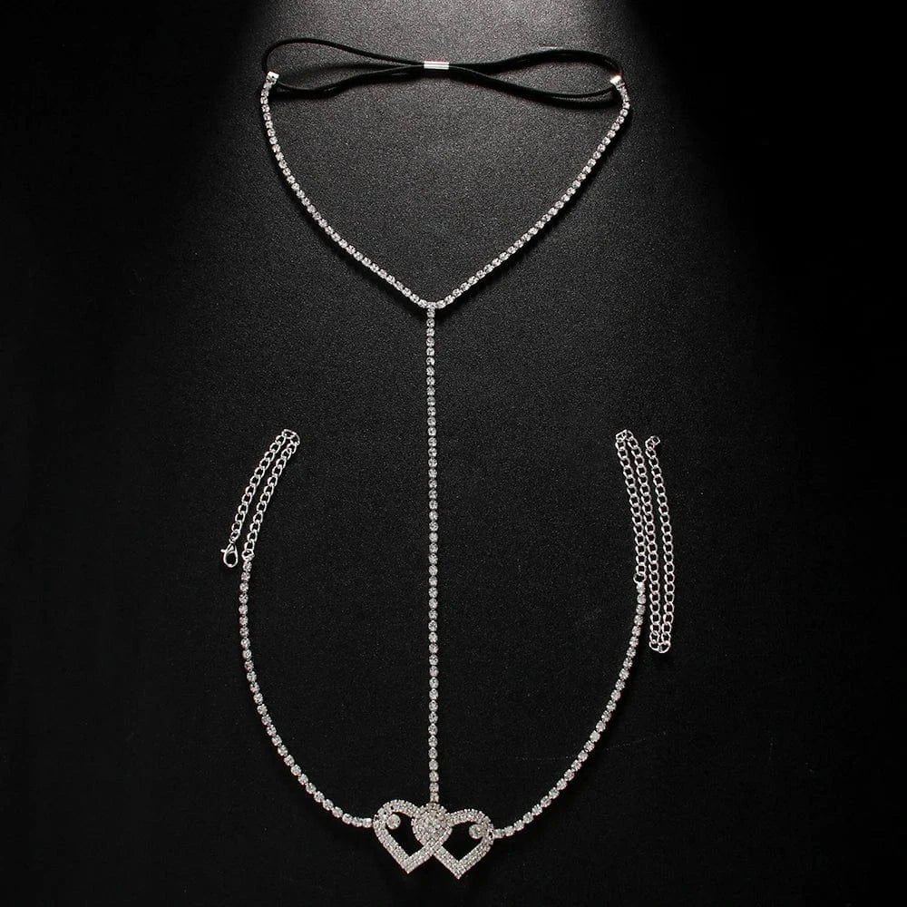 Fashion Simple Design Double Heart Rhinestone Thigh Leg Chain Jewelry For Women Girls Adjustable Party Sexy Crystal Body Chain