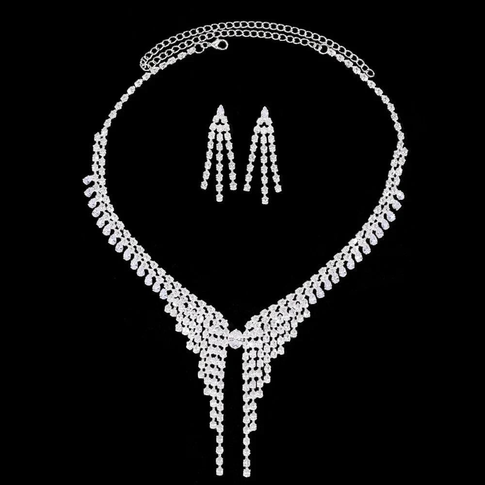 Fashion Simple Rhinestone Necklace Earrings Set Bridal Tassel Bride Jewelry Set Fashion Accessories