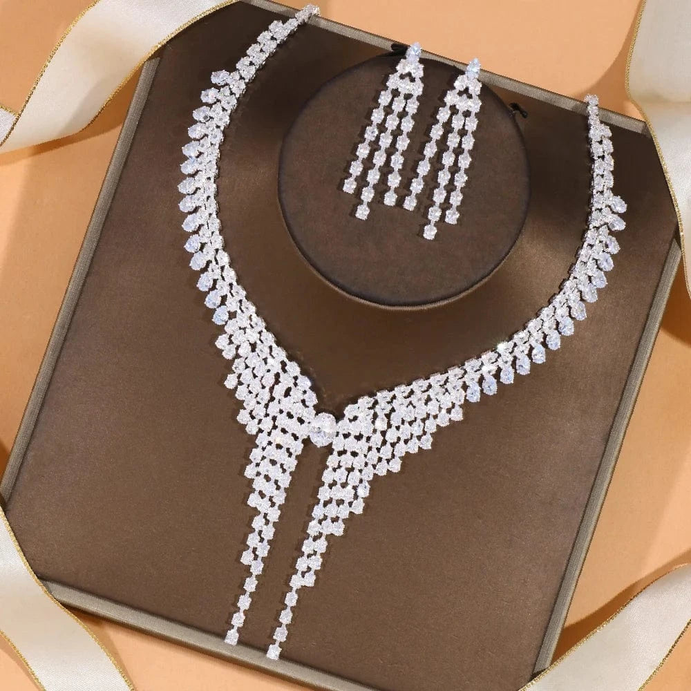 Fashion Simple Rhinestone Necklace Earrings Set Bridal Tassel Bride Jewelry Set Fashion Accessories