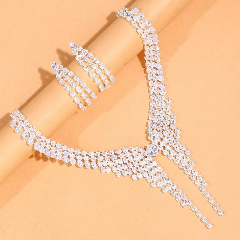 Fashion Simple Rhinestone Necklace Earrings Set Bridal Tassel Bride Jewelry Set Fashion Accessories