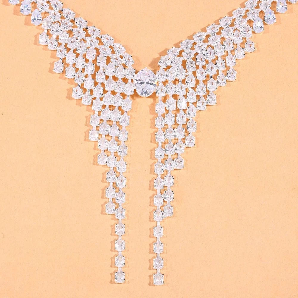 Fashion Simple Rhinestone Necklace Earrings Set Bridal Tassel Bride Jewelry Set Fashion Accessories