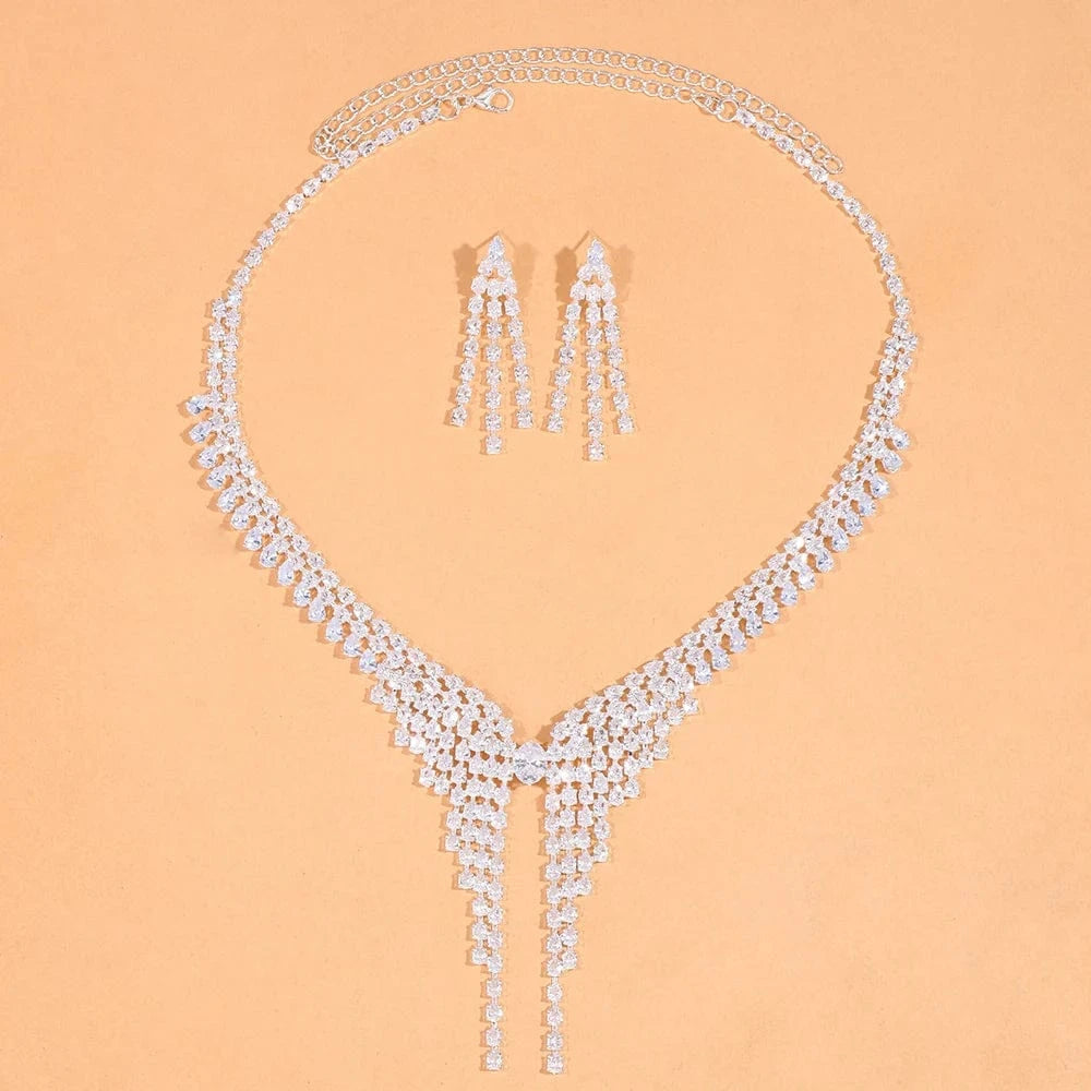 Fashion Simple Rhinestone Necklace Earrings Set Bridal Tassel Bride Jewelry Set Fashion Accessories