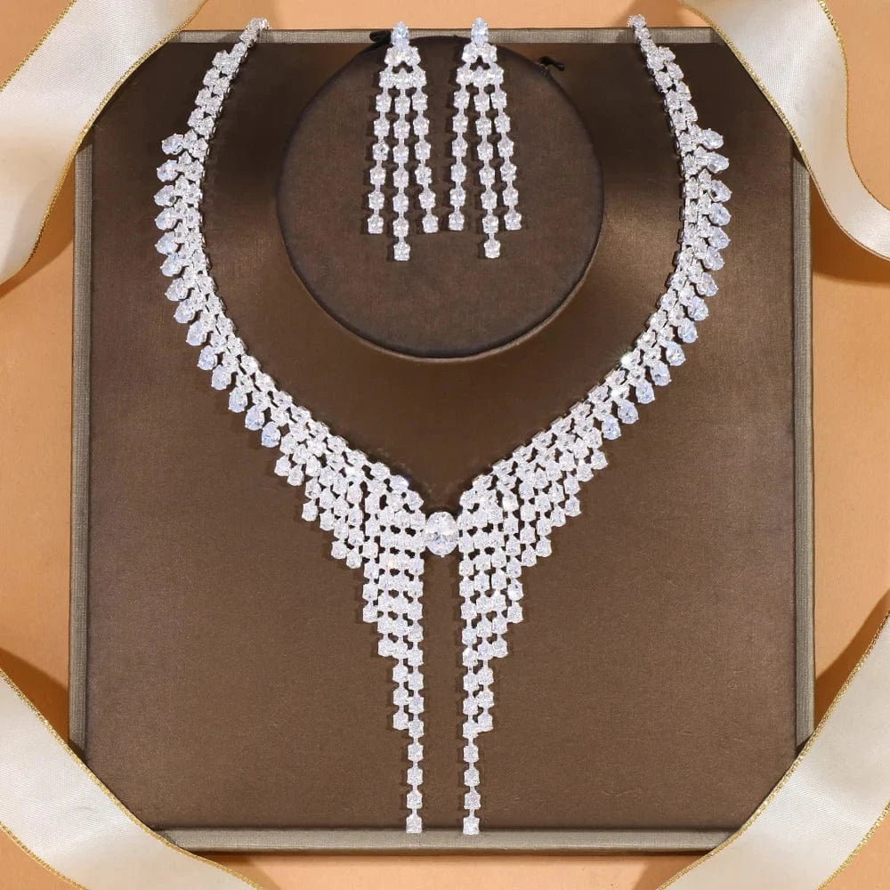 Fashion Simple Rhinestone Necklace Earrings Set Bridal Tassel Bride Jewelry Set Fashion Accessories