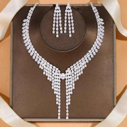 Fashion Simple Rhinestone Necklace Earrings Set Bridal Tassel Bride Jewelry Set Fashion Accessories