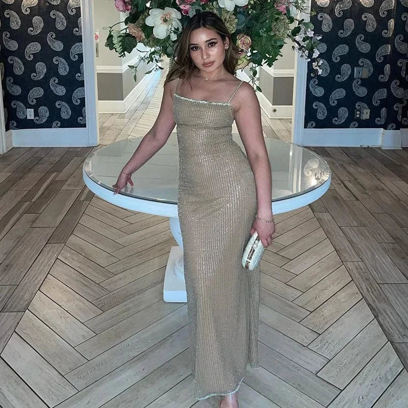 Fashion Sleeveless Spaghetti Strap Sequins Casual Dresses Women French Lace Wedding Bridal Dress Costume Dress For Party