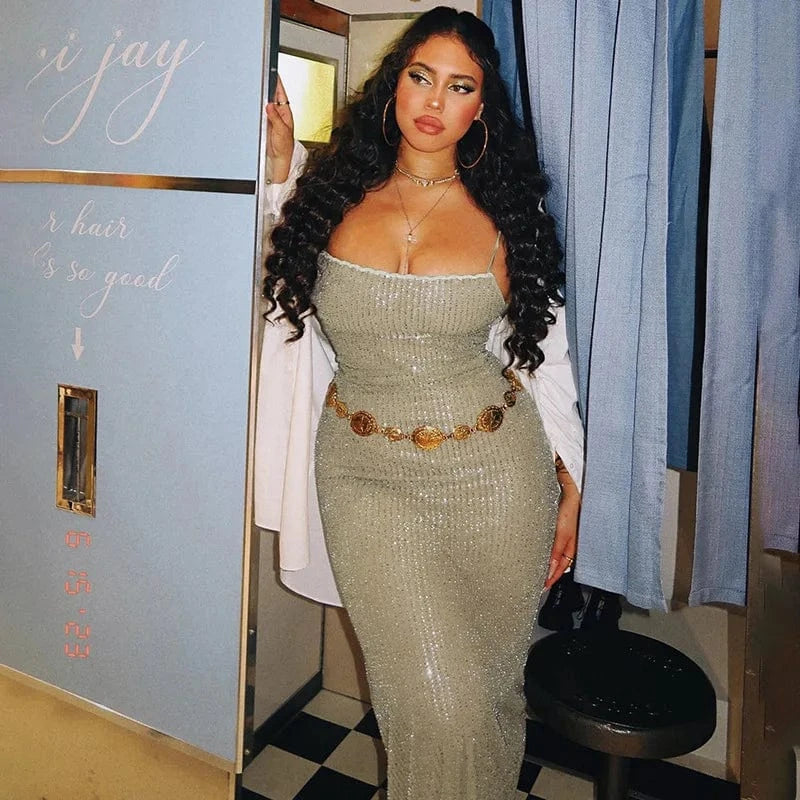 Fashion Sleeveless Spaghetti Strap Sequins Casual Dresses Women French Lace Wedding Bridal Dress Costume Dress For Party