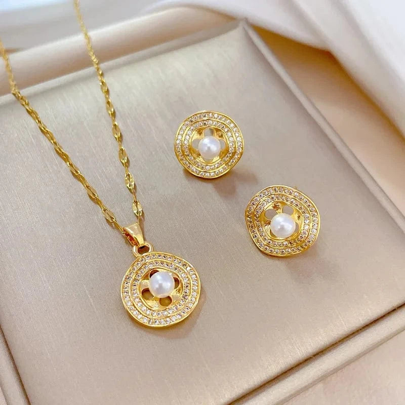 Fashion Sming Pearl Bridal Jewelry Set 18K Gold Plated Water Wave rounded Chain Pendant Necklace Tassel Stud Earring