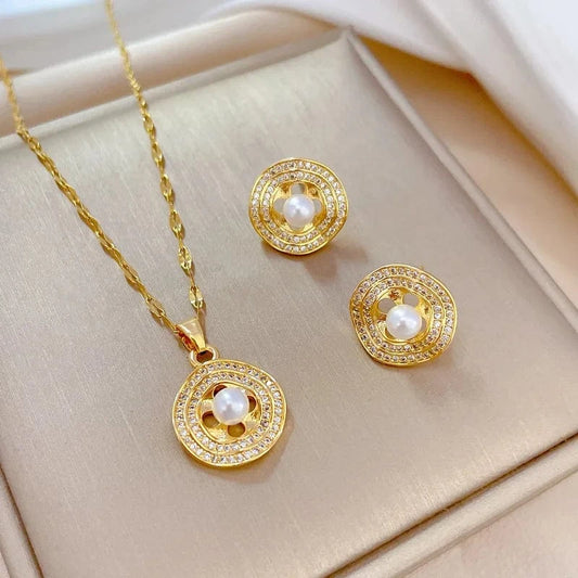 Fashion Sming Pearl Bridal Jewelry Set 18K Gold Plated Water Wave rounded Chain Pendant Necklace Tassel Stud Earring