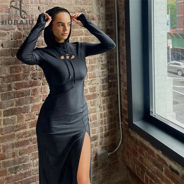 Fashion Split Slit Hooded Solid Dresses For Women 2024 Spring Autumn Casual Long Sleeve Bodycon Maxi Dress