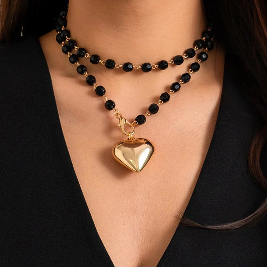 Fashion Statement Double Layer Black Crystal Chain 3D Heart Pendant Necklace For Women Girls