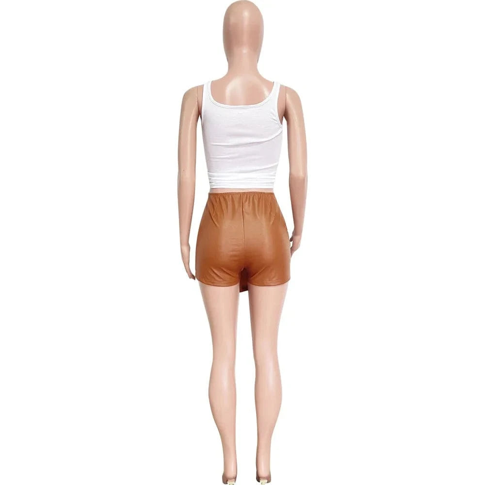 Fashion Stretch PU Leather Shorts 2 in 1 Design Ladies Mini Skorts New Brown Skirt Shorts Womens With Tights