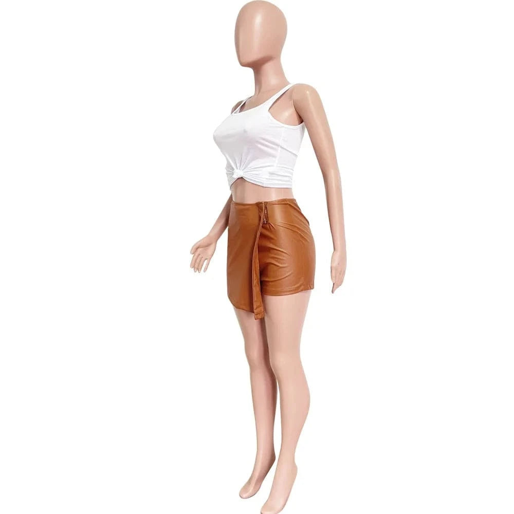 Fashion Stretch PU Leather Shorts 2 in 1 Design Ladies Mini Skorts New Brown Skirt Shorts Womens With Tights