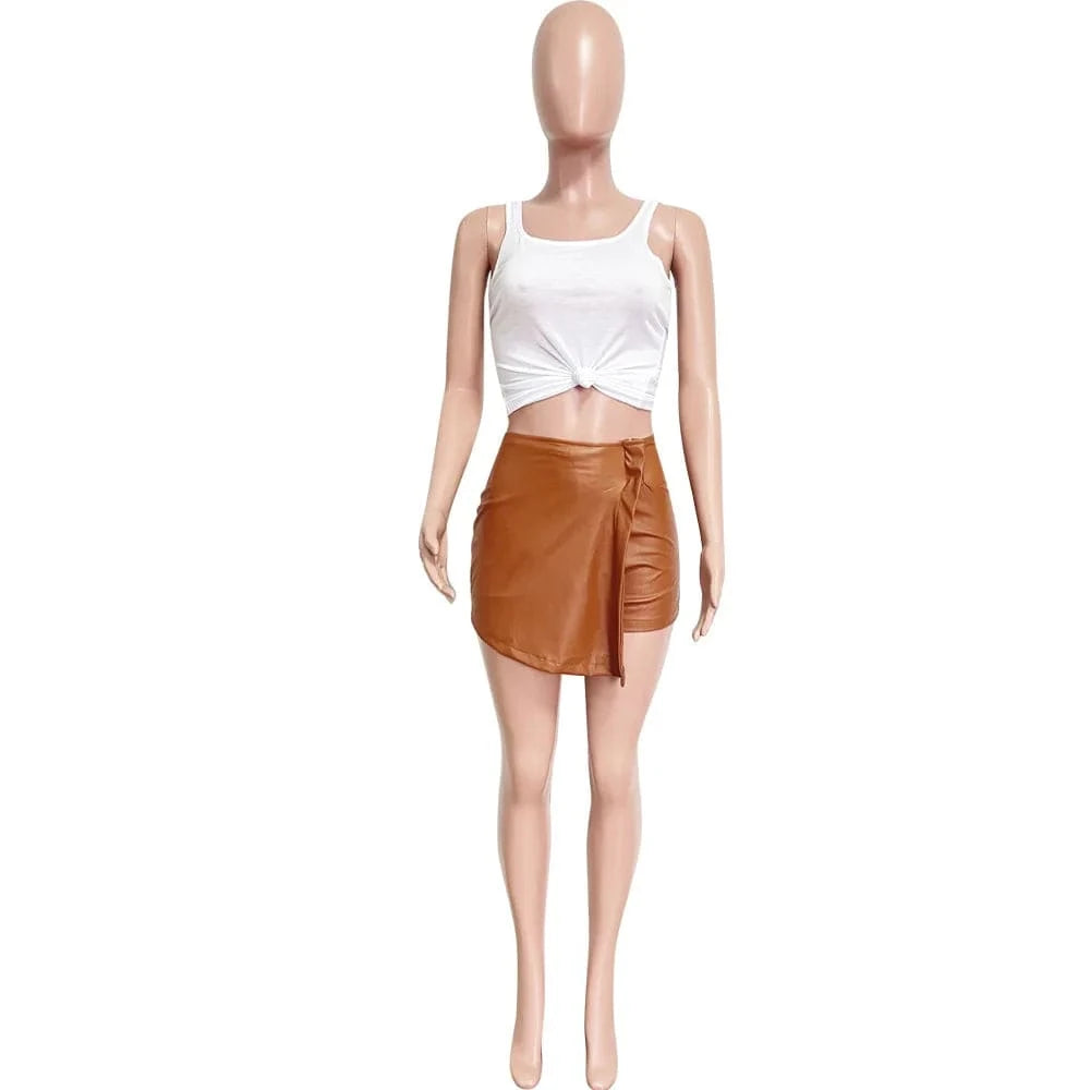 Fashion Stretch PU Leather Shorts 2 in 1 Design Ladies Mini Skorts New Brown Skirt Shorts Womens With Tights