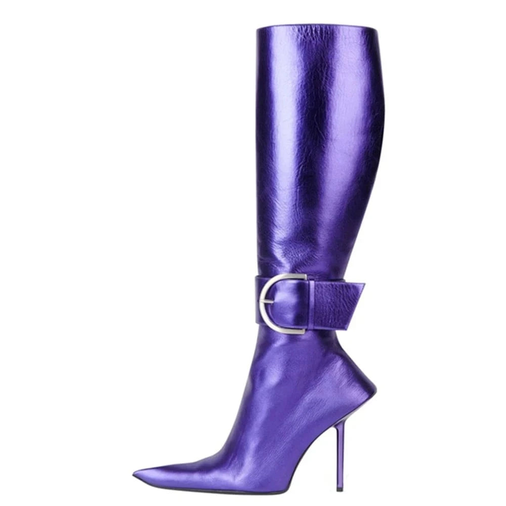 Fashion Style New Women Knee Stilettos Boots Sexy Boots Pointed Toe Party Shoes Ankle Big Buckle Strap Zipper Party Big Size