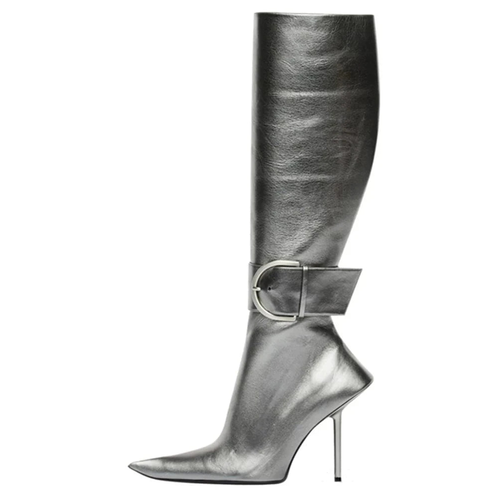 Fashion Style New Women Knee Stilettos Boots Sexy Boots Pointed Toe Party Shoes Ankle Big Buckle Strap Zipper Party Big Size