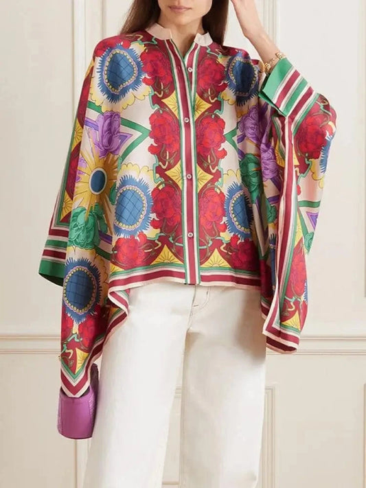 Fashion Stylish Selection Batwing Sleeves Flower Print Stand Collar Blouses Women Spring Summer High-low Buttoned Shirts Tops