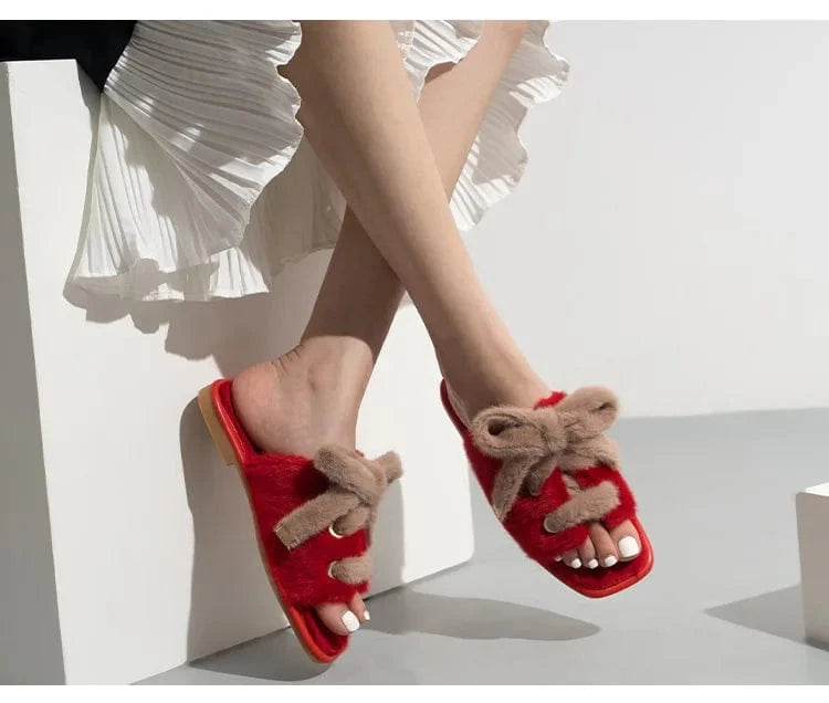 Fashion Suede Bow Silk Ribbon Fuzzy Lady Shoes Soft Villus Outside Women Cotton Slippers