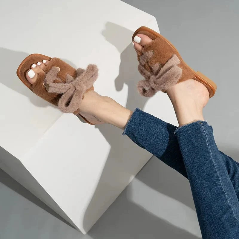 Fashion Suede Bow Silk Ribbon Fuzzy Lady Shoes Soft Villus Outside Women Cotton Slippers