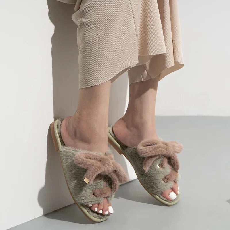 Fashion Suede Bow Silk Ribbon Fuzzy Lady Shoes Soft Villus Outside Women Cotton Slippers