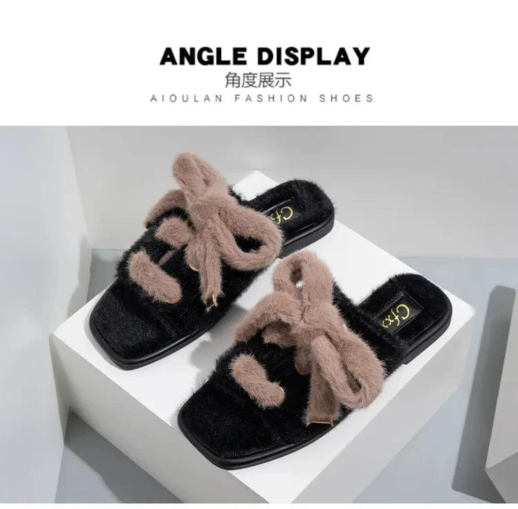 Fashion Suede Bow Silk Ribbon Fuzzy Lady Shoes Soft Villus Outside Women Cotton Slippers